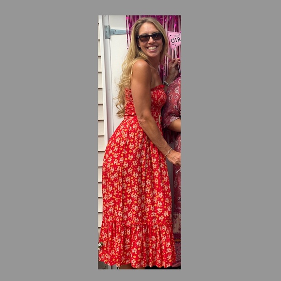 Red Floral Strapless Smocked Midi Dress with Ruffle Hem - Picture 3 of 3